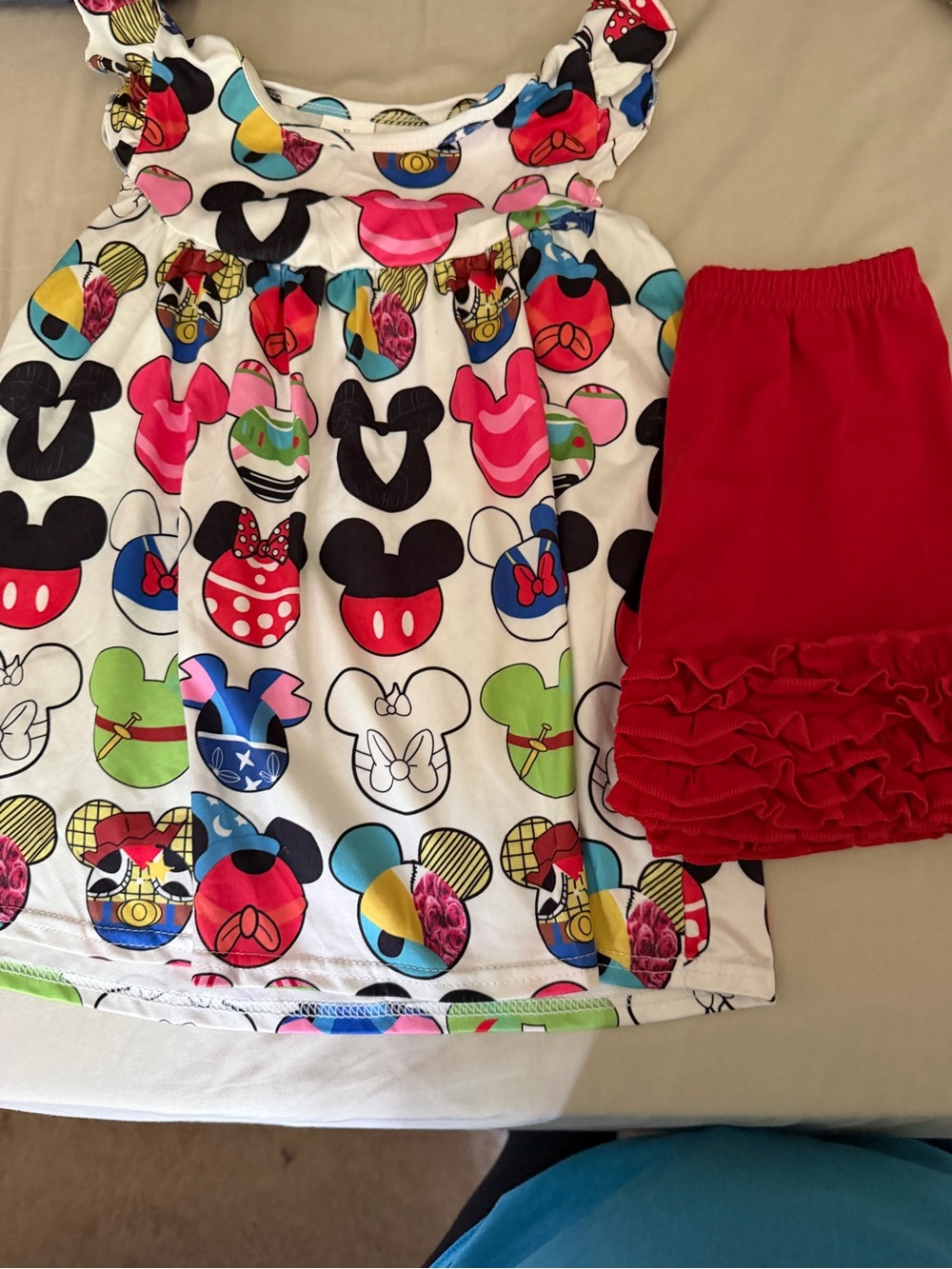 Girls White Mickey Print Top with Red Ruffle Shorts - Kids Matching Set